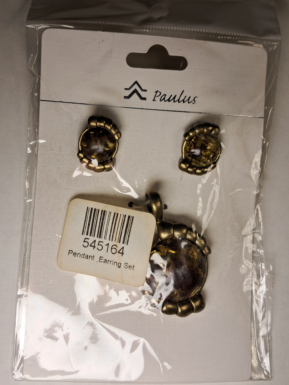 Paulus Antique Goldtone Amber Pendant w/ Matching Earrings Set